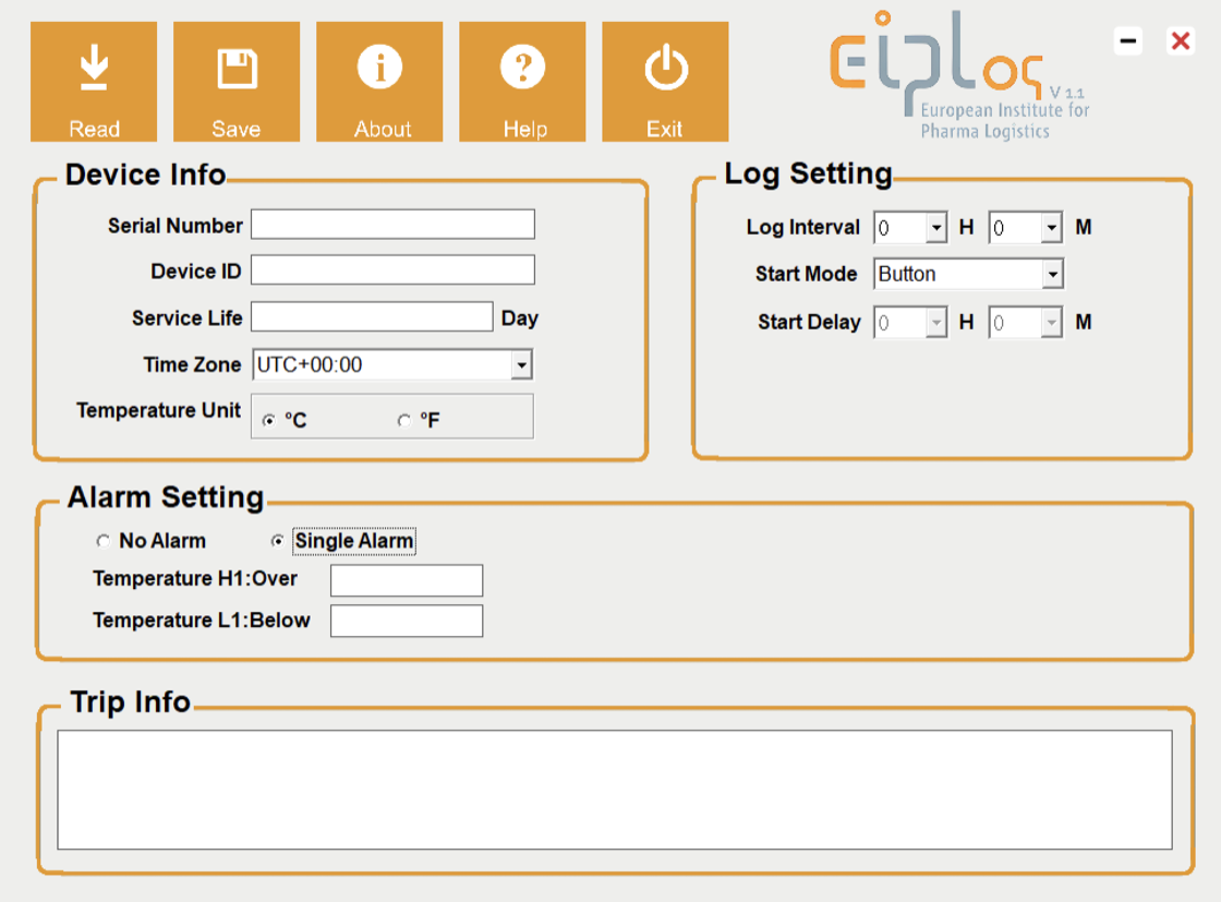 EIPLogView-Konfigurationsoberfläche: Bereiche Device Info, Log Setting mit Log Interval, Start Mode und Start Delay sowie Alarm Setting mit den Temperaturgrenzen H1:Over und L1:Below.