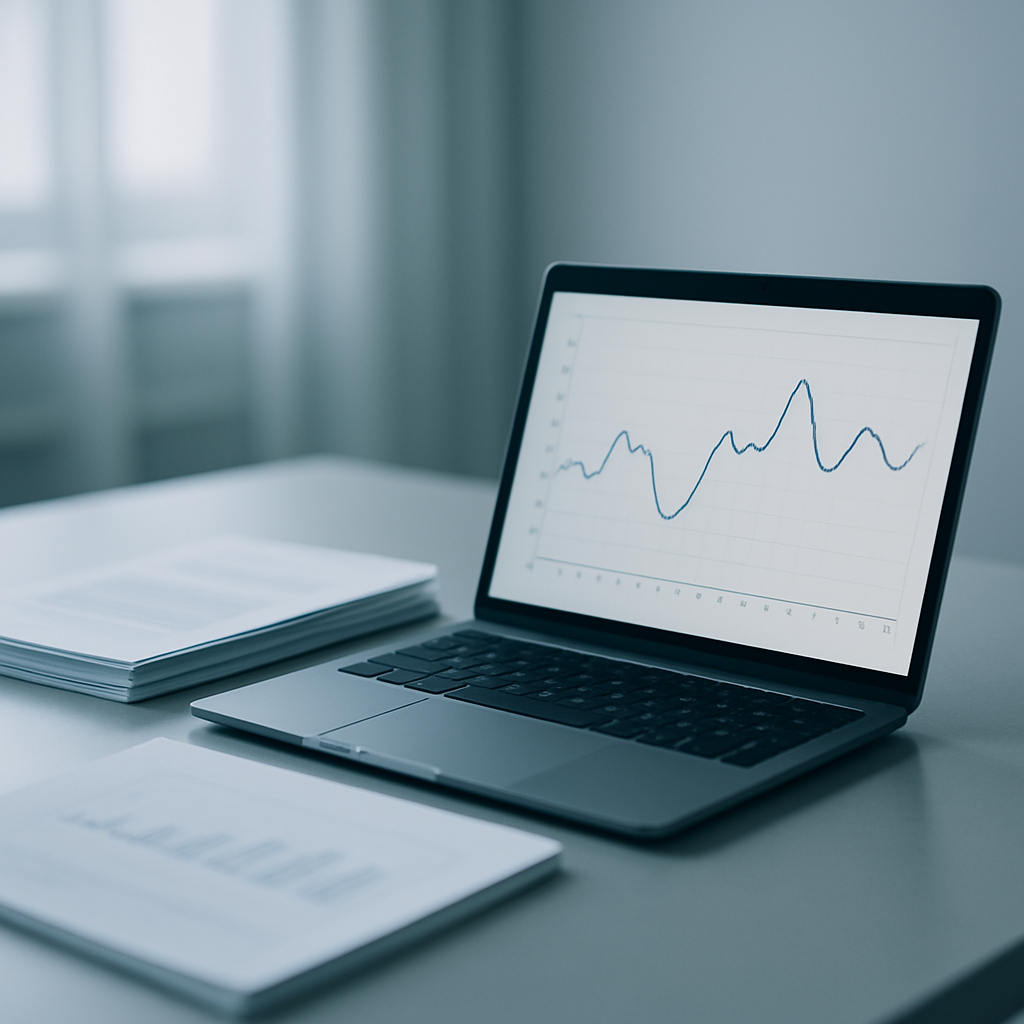 Auswertung am Arbeitsplatz: Temperaturverlauf als Diagramm auf dem Laptop, daneben gedruckte Berichte